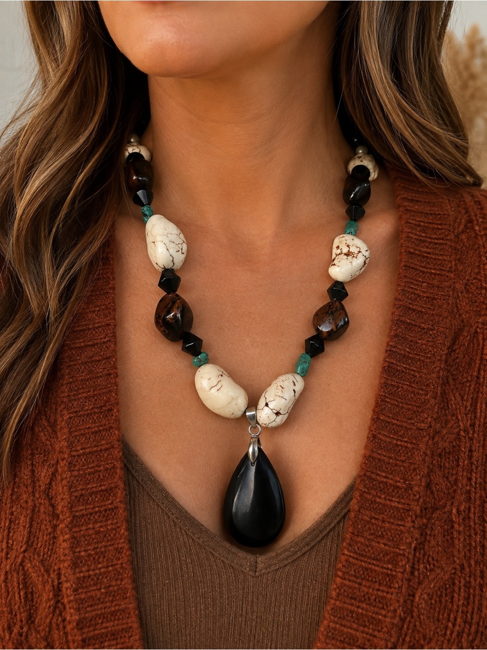 Vintage BOHO Gemstone Howlite Necklace Toggle Clasp Fall Brown